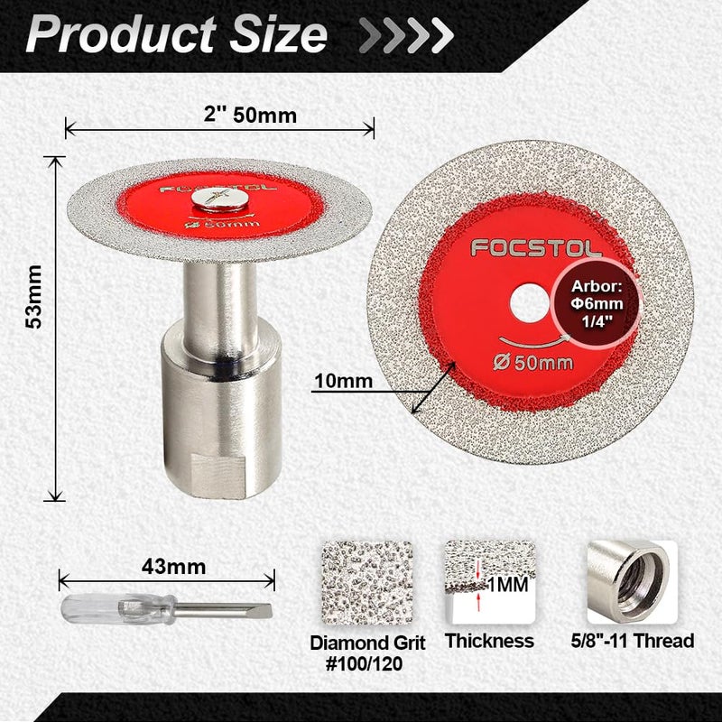 FOCSTOL Mini Diamond Glass Cutting Disc - 5pcs 2 Inch(50mm) Glass Saw Blade and 1pc 5/8''-11 Flange for Glass Jade Marble Granite Artificial Stone Porcelain Tile Ceramic - Image 2